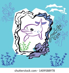 dolphin in design blue corner frame with  coral reef and seaweed