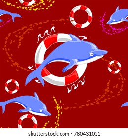 dolphin doodle cartoon and Life ring with splash water vector seamless pattern in red background