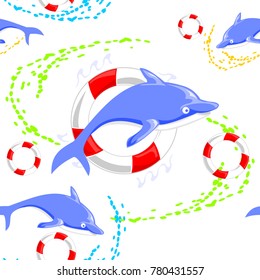 dolphin doodle cartoon and Life ring with splash water vector seamless pattern in white background