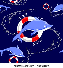 dolphin doodle cartoon and Life ring with splash water vector seamless pattern in blue background