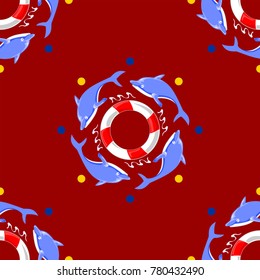 dolphin doodle cartoon and Life ring with splash water vector seamless pattern in redbackground