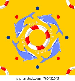 dolphin doodle cartoon and Life ring with splash water vector seamless pattern in yellow background