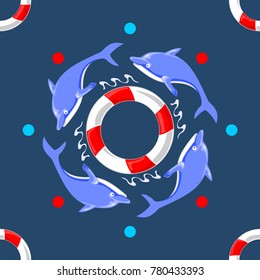 dolphin doodle cartoon and Life ring with splash water vector seamless pattern in sky background