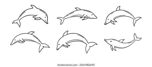 dolphin doodle hand drawn icon set. Outline drawing dolphin line clipart symbol collection. Vector illustration