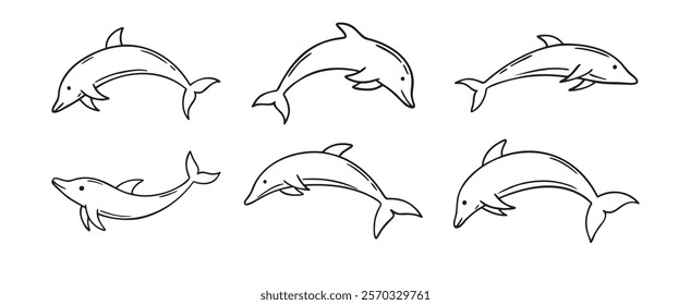 dolphin doodle hand drawn icon set. Outline drawing dolphin line clipart symbol collection. Vector illustration