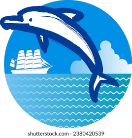 A dolphin drawn with a brush jumping on the waves and a sailing ship cruising on the horizon.