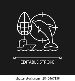 Dolphin drive hunting white linear icon for dark theme. Drive dolphins with boat to shore and kill. Thin line customizable illustration. Isolated vector contour symbol for night mode. Editable stroke