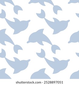 Dolphin emerges from water. Reflection. Blue sea mammal. Repeating vector pattern. Seamless ornament of sea mammals. Isolated colorless background. Flat style. Ocean inhabitant with fins and tail. 