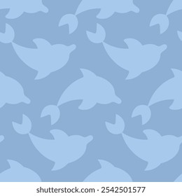 Dolphin emerges from water. Reflection. Blue sea mammal. Repeating vector pattern. Seamless ornament of sea mammals. Isolated blue background. Flat style. Ocean inhabitant with fins and tail. 