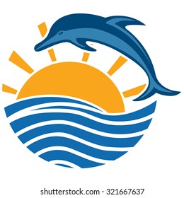 Dolphin emerges from the water. The sea, the waves, the sun. Sunset, sunrise. Vector Image.