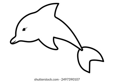 A dolphin emerges from the water. Sketch. Marine mammal. Vector illustration. Outline on a white isolated background. An ocean dweller with fins and a tail. Coloring book for children. 