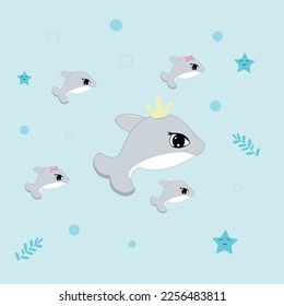 Dolphin family in cartoon style.