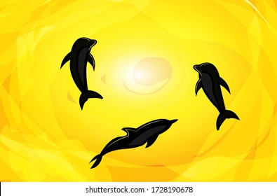 Dolphin family on yellow sea background. Design template for the family relationship. Vector illustrations.