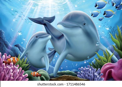 Dolphin family playing together underwater with sun ray shining through sea surface on the back, 3d illustration