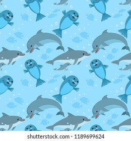 Dolphin family and sea lion seamless pattern.