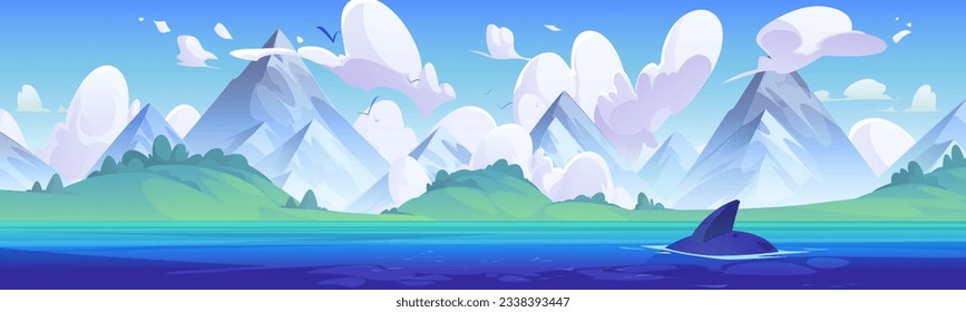 Dolphin fin in sea near island and mountain vector background. Blue ocean water on beautiful summer illustration. Cartoon horizontal outdoor adventure panoramic nature seascape with fish for game.