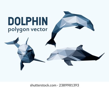 Dolphin Fish Animal Set in Polygonal Abstract Picture. Low Poly Collection of Dolphin. Abstract Vector of Dolphin.