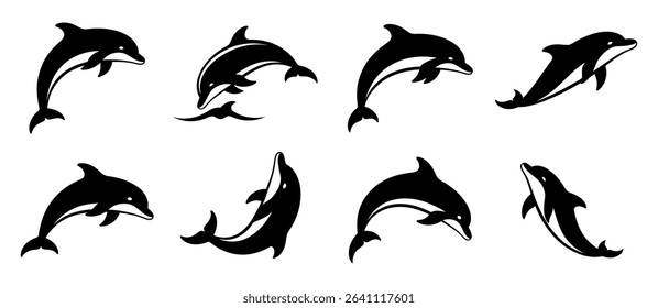 Dolphin fish black soild silhouette bundle isolated on white background, clip art logo icon set.