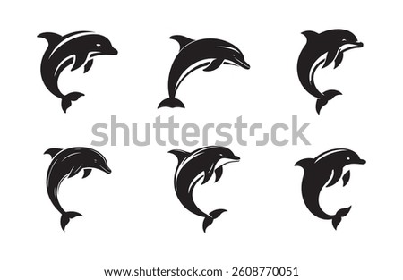 Dolphin fish black soild silhouette bundle isolated on white background, clip art logo icon set	