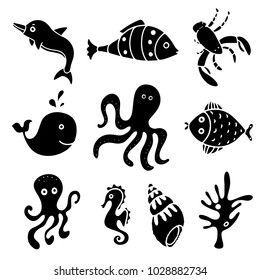 Dolphin, fish, coral, seashell, seahorse, whale, octopus, lobster black silhouettes. Isolated on white background set