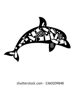 dolphin fish ocean plastic pollution. Ecological poster. Whale composed of white plastic waste bag, bottle on blue background.