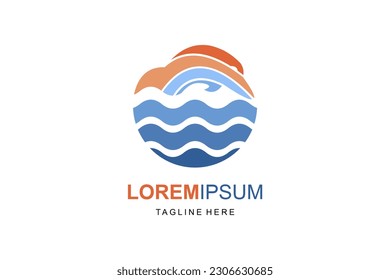 Dolphin fish and ocean wave logo in orange, blue and light blue colors.