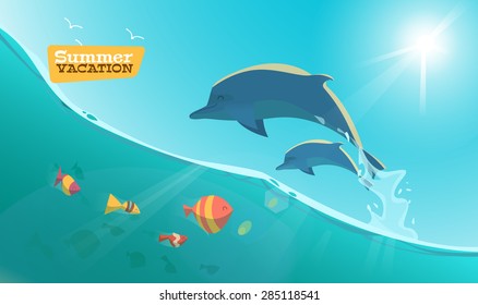 Dolphin with fish on the sea vector illusrtation