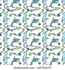 dolphin, fish, sea horse, shells , sea stars blue and green on grey painted pattern