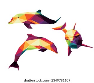 Dolphin Fish Set in Colorful Polygon Vector. Dolphin Animal Abstract Illustration Collection. Colorful Dolphin logo polygon