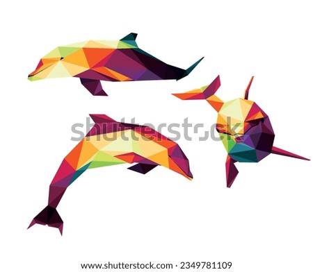 Dolphin Fish Set in Colorful Polygon Vector. Dolphin Animal Abstract Illustration Collection. Colorful Dolphin logo polygon