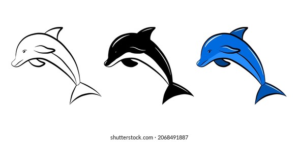 Dolphin fish vector icon set. Isolated graphic logo design element. Aquatic sea wildlife animal. Doodle monochrome drawing template. Outline sketch sticker. Colouring page for kids cute ocean habitant