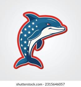 Dolphin Fish Vector Illustration With USA Flag - Flag Design on Grey Background