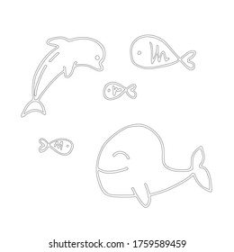 Delfín, pescado, ballena. Restaure la línea discontinua. Habitantes del mar. Tareas para niños.
