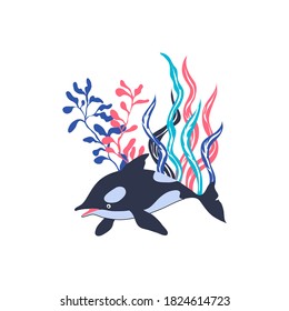 Dolphin Floating Among Sea Weeds Vector Illustration. Sea Animal and Wild Underwater Fauna Concept