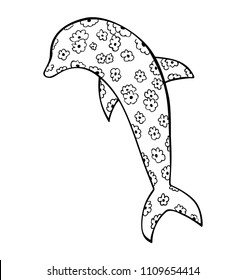 Dolphin with flower pattern. Vector black illustrations. Isolated on white background. Hand drawn design element for web and poster