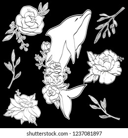 Dolphin with flowers, animal sticker, roses tattoo, nature for decor, children illustration, stickers for notebook
