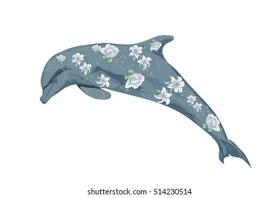 Dolphin with flowers. Vector illustration for your design