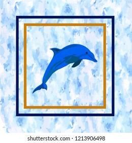 Dolphin in a frame of squares on a white-blue abstract textural background.