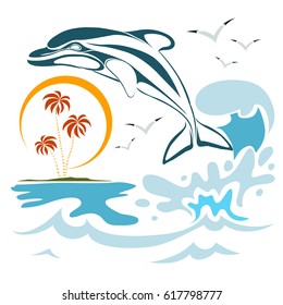 Dolphin frolic in the sea against the backdrop of palm trees and sun