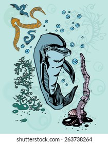 Dolphin funny character illustration for postcard and decoration. 