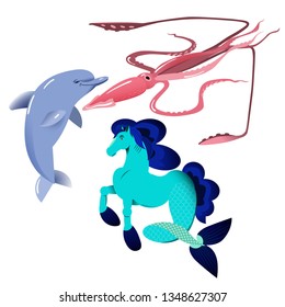 Dolphin Giant Squid And Sea Horse Vector Illustration Set, Isolated Objects On White Background, Fantastic Sea Creatures.