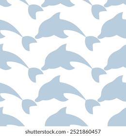 Dolphin. Gray sea mammal. Endless vector pattern. Repeating ornament of diving sea mammals. Isolated colorless background. Flat style. Ocean inhabitant with fins and tail. Web design idea.