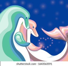 Dolphin guy hugs a dolphin girl. Together they dream of love. She lays a heart out of the lights