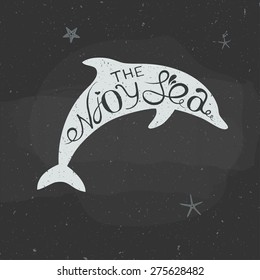 dolphin with had-drawn lettering, black and white design, chalk on a blackboard