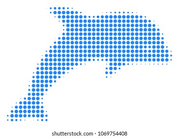 Dolphin halftone vector icon. Illustration style is dotted iconic Dolphin icon symbol on a white background. Halftone texture is round blots.