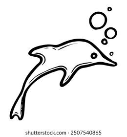 Dolphin hand drawn doodle. Animal living in water. Large cetacean fish. Mammal whale. Aquarium. Vector sketch line art illustration.