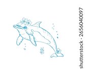 Dolphin handdrawn vector composition with flowers blue ink