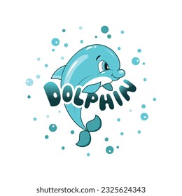 Dolphin handwritten text, lettering typography, calligraphy. Cute smiling character for icon, card, logo. Hand drawn cartoon animal print for kids or babies t-shirt design, decoration, greeting card