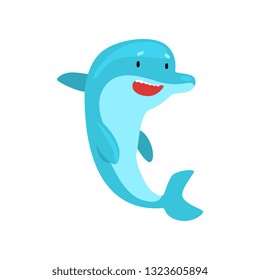 Dolphin Happily Jumping Out of Water, Cartoon Sea Animal Character Vector Illustration