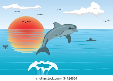 The dolphin has jumped out of the sea, illustration